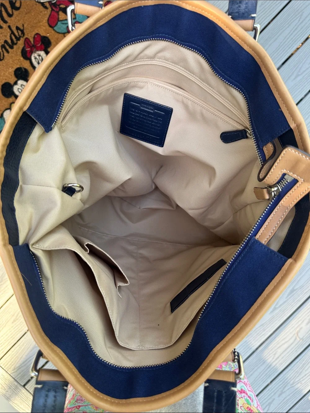 Coach Voyage Blue Canvas Tote Bag Tan Leather Handle Shoulder Bag Lined F77125